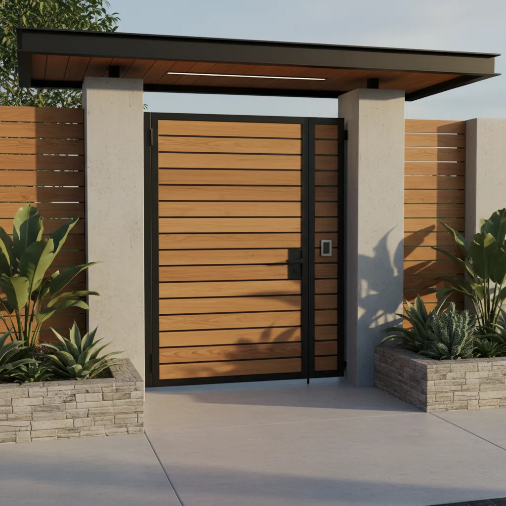 Gerbang rumah kombinasi kayu dan besi modern