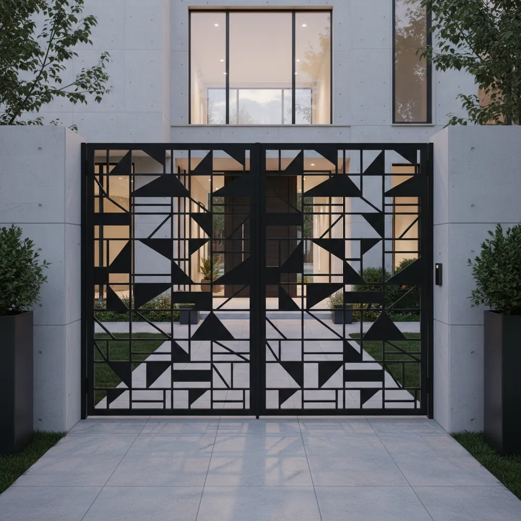 Modern black gate with geometric pattern designs placed in front of a light grey house