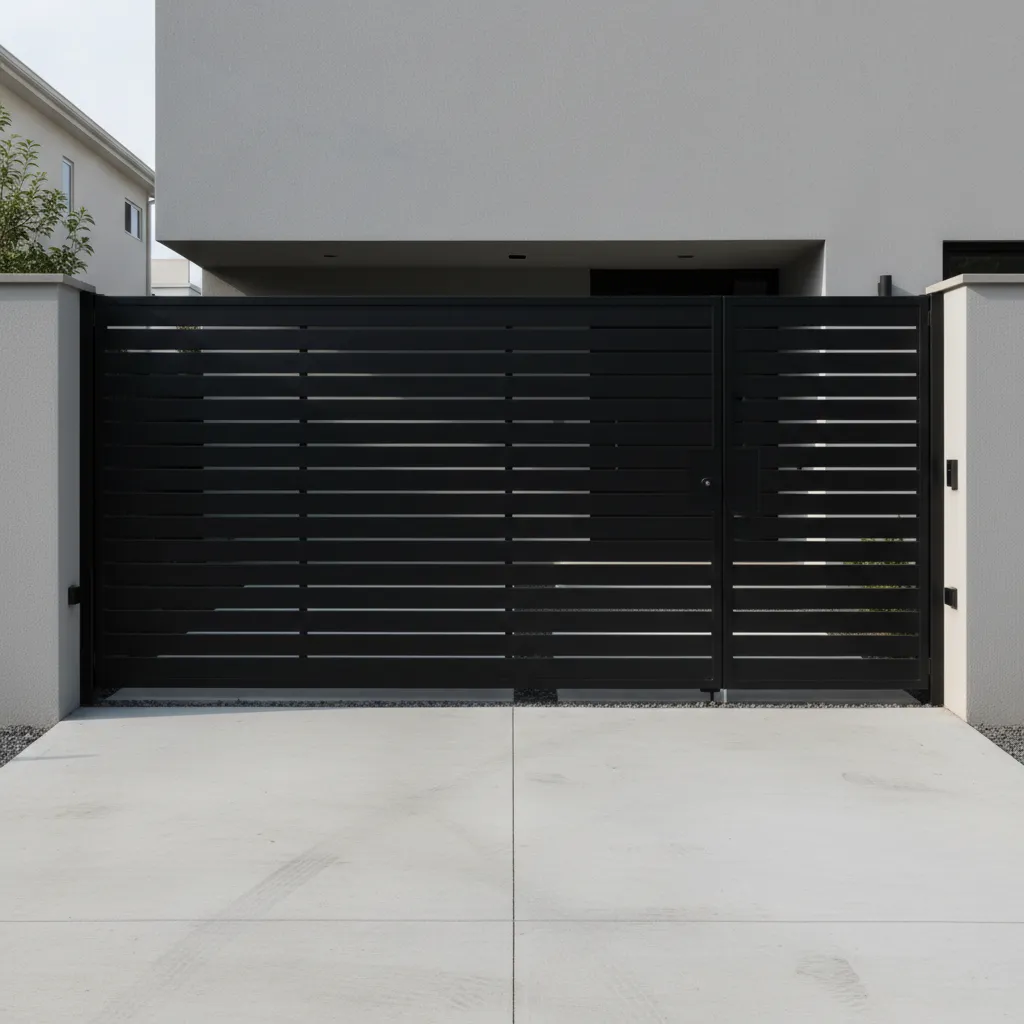 Modern black gate with horizontal slats standing in front of a white house with driveway