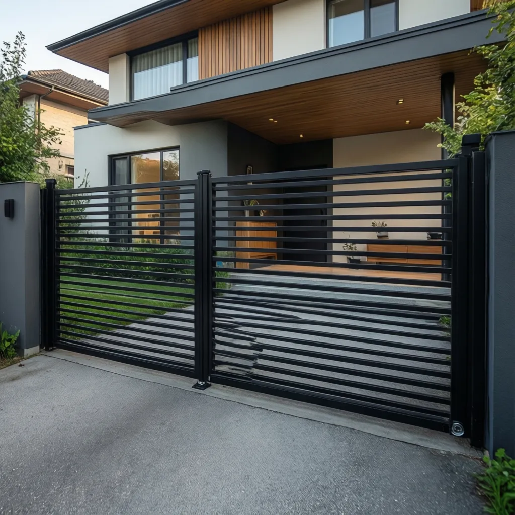 Black metal gate with horizontal bars in front of a modern house and concrete driveway