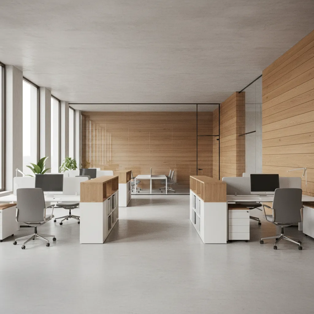 Open commercial workspace with German minimalist architecture and natural materials