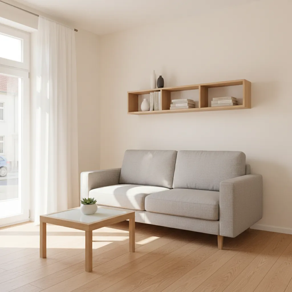 Functional German style small living room with minimal furniture and clean layout