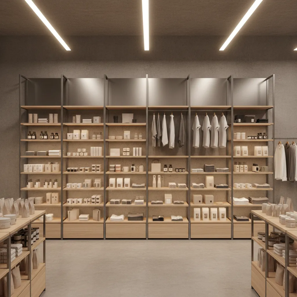 German functional retail store interior with grid shelving and neutral materials