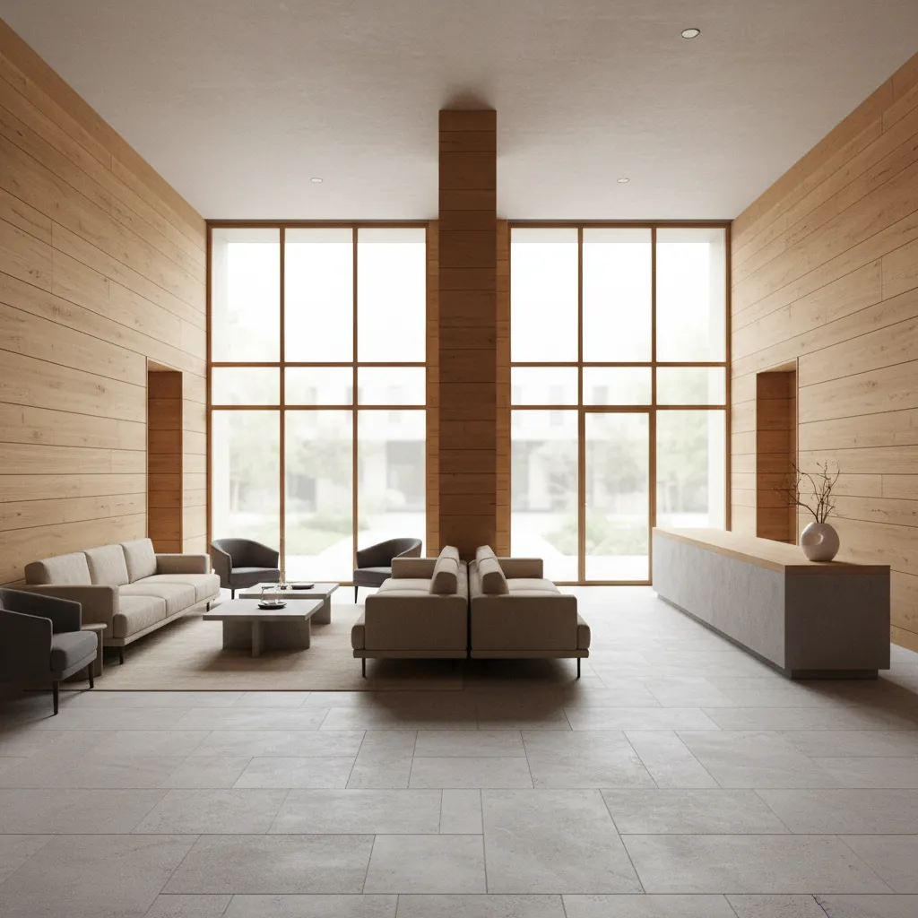 Minimalist German-inspired hotel lobby with natural wood panels and structured seating