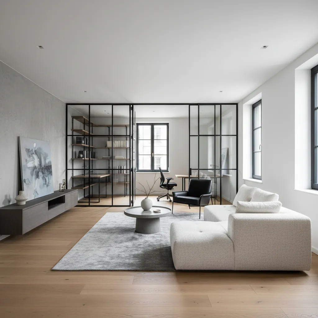 German interior with steel frame glass partitions and wooden floors