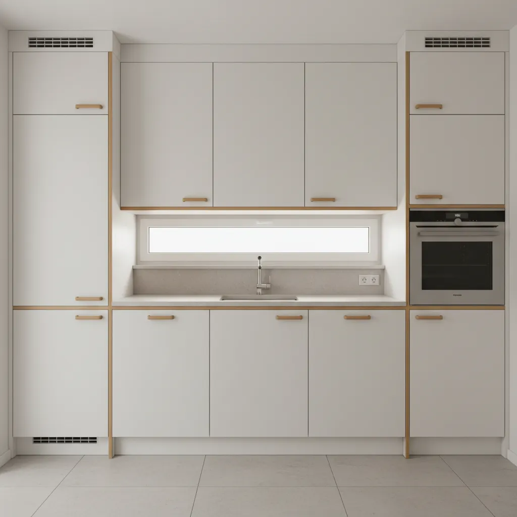 Compact kitchen wall with tall pantry cabinets and minimalist German design