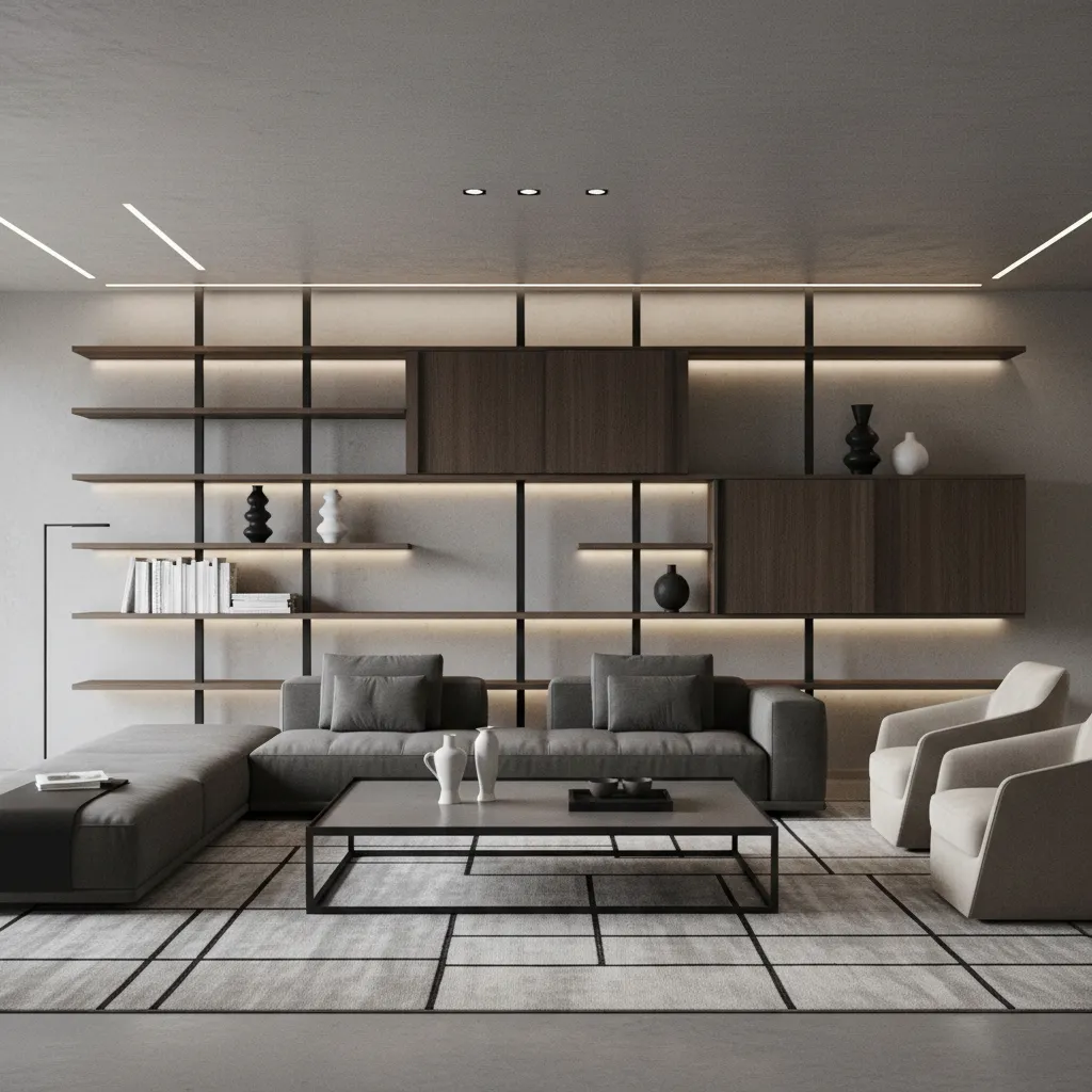 German minimalist interior with geometric furniture and architectural lighting