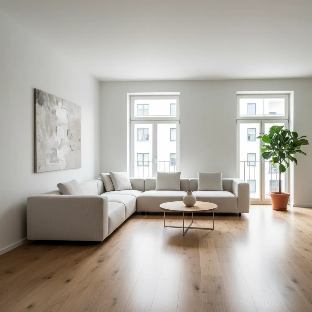 Minimalist German living room with oak flooring and white walls