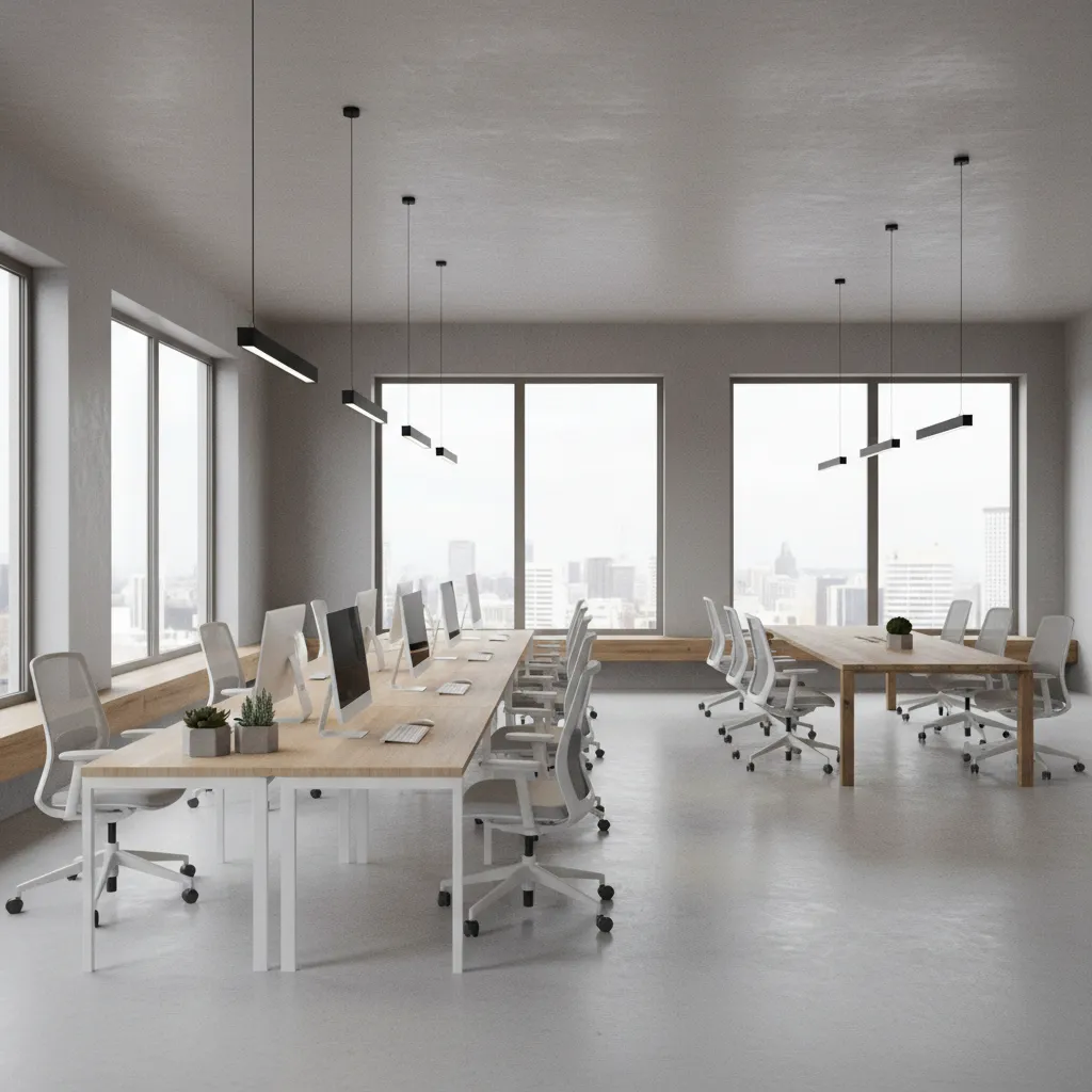 German minimalist office workspace with organized desks and clean lighting
