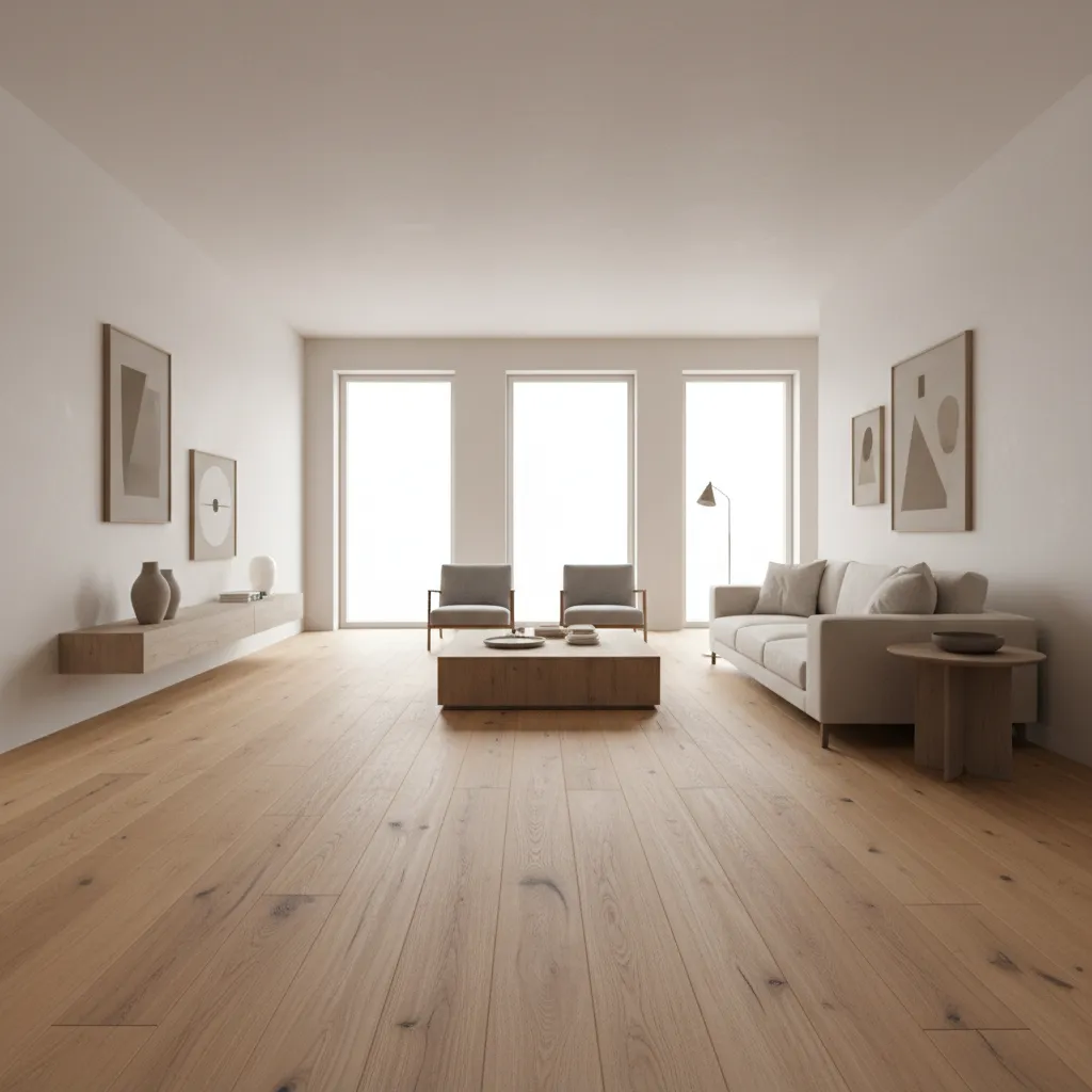 Wide plank oak flooring used in modern German apartment