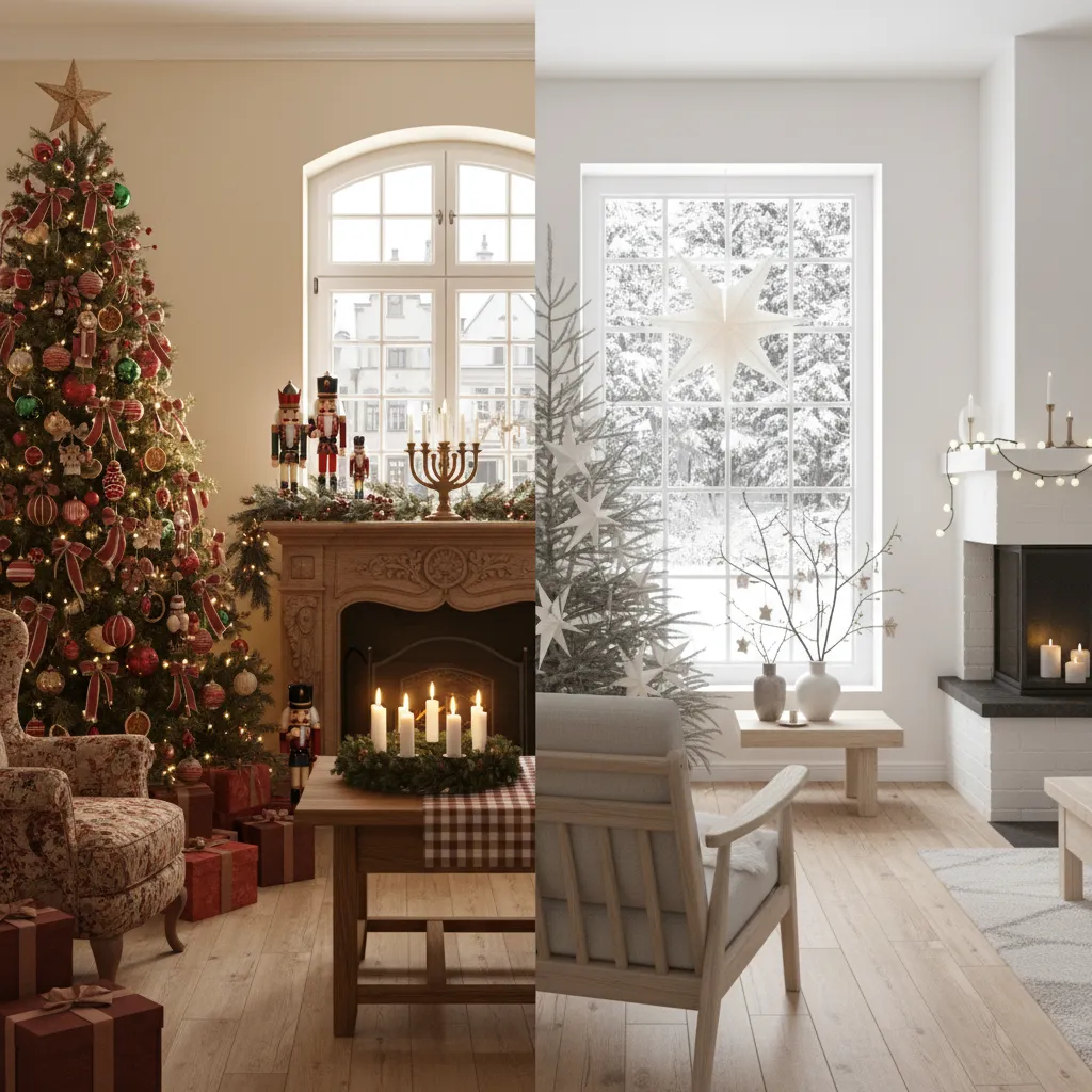 Comparison of German traditional Christmas decorations and Scandinavian minimalist holiday decor
