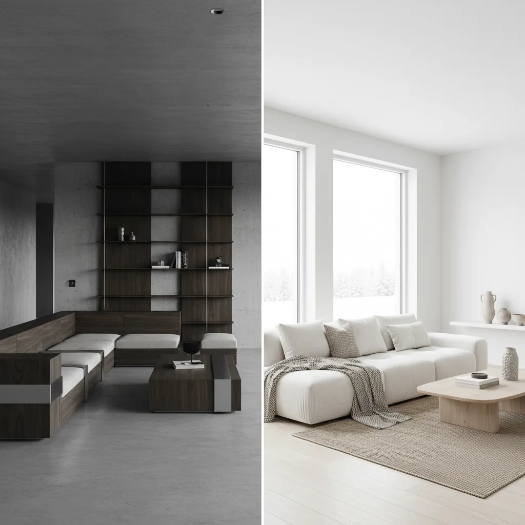 Comparison of structured German minimalist living room and bright Scandinavian living room