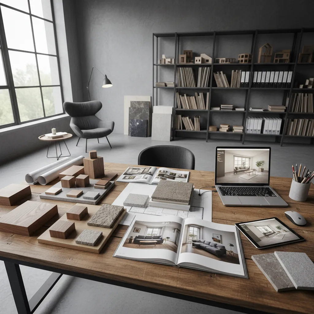 Professional workspace with open books laptop showing living room design material samples and floor plan