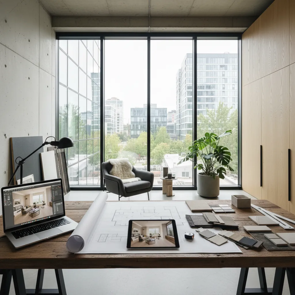 Workspace with laptop and tablet showing interior design drawing on desk with large city view