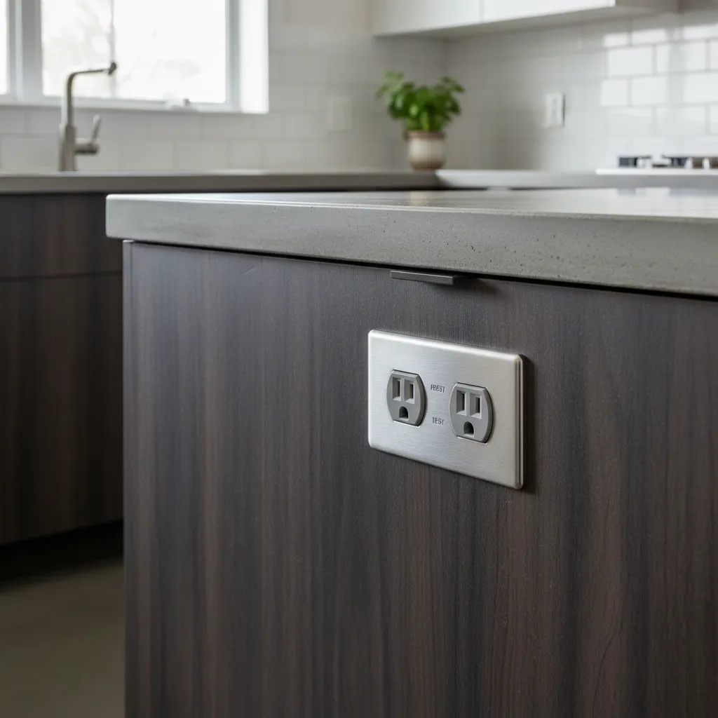 Close-up of GFCI outlet installed on kitchen island cabinet panel