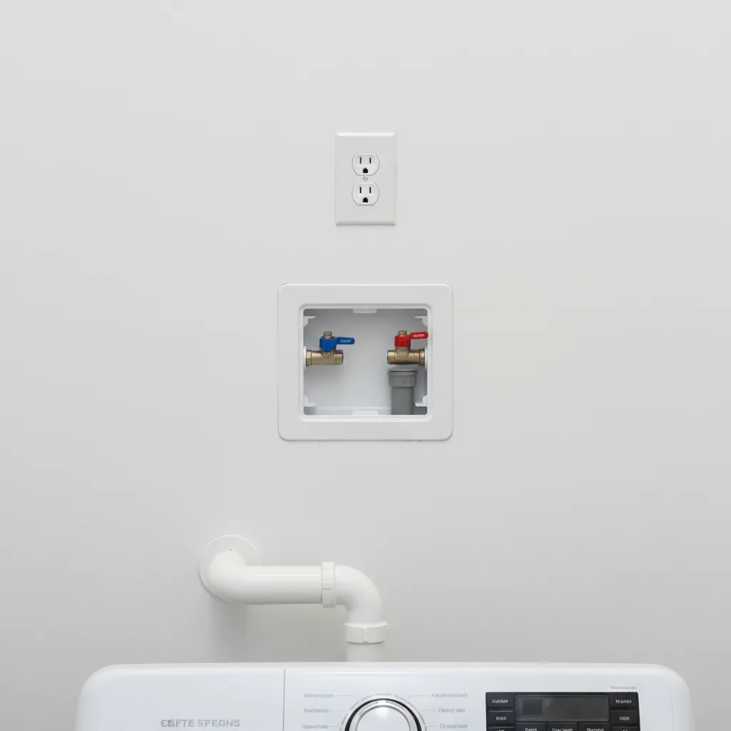 Close up of GFCI outlet installed above washing machine connection box