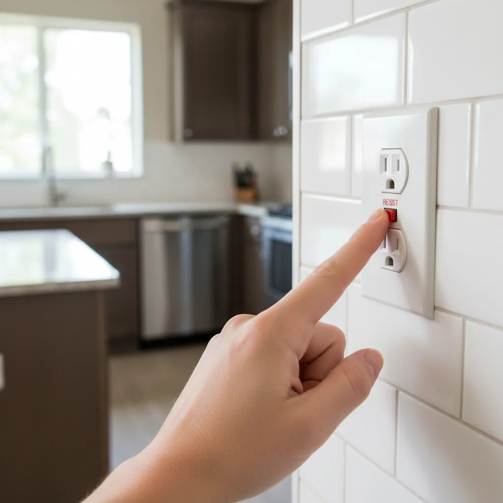 Hand pressing reset button on a GFCI kitchen outlet