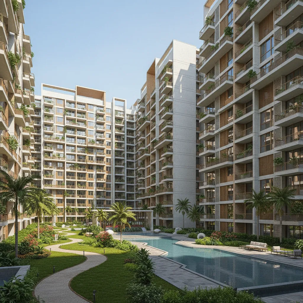 Exterior view of GH7 A apartment towers with balconies and courtyard