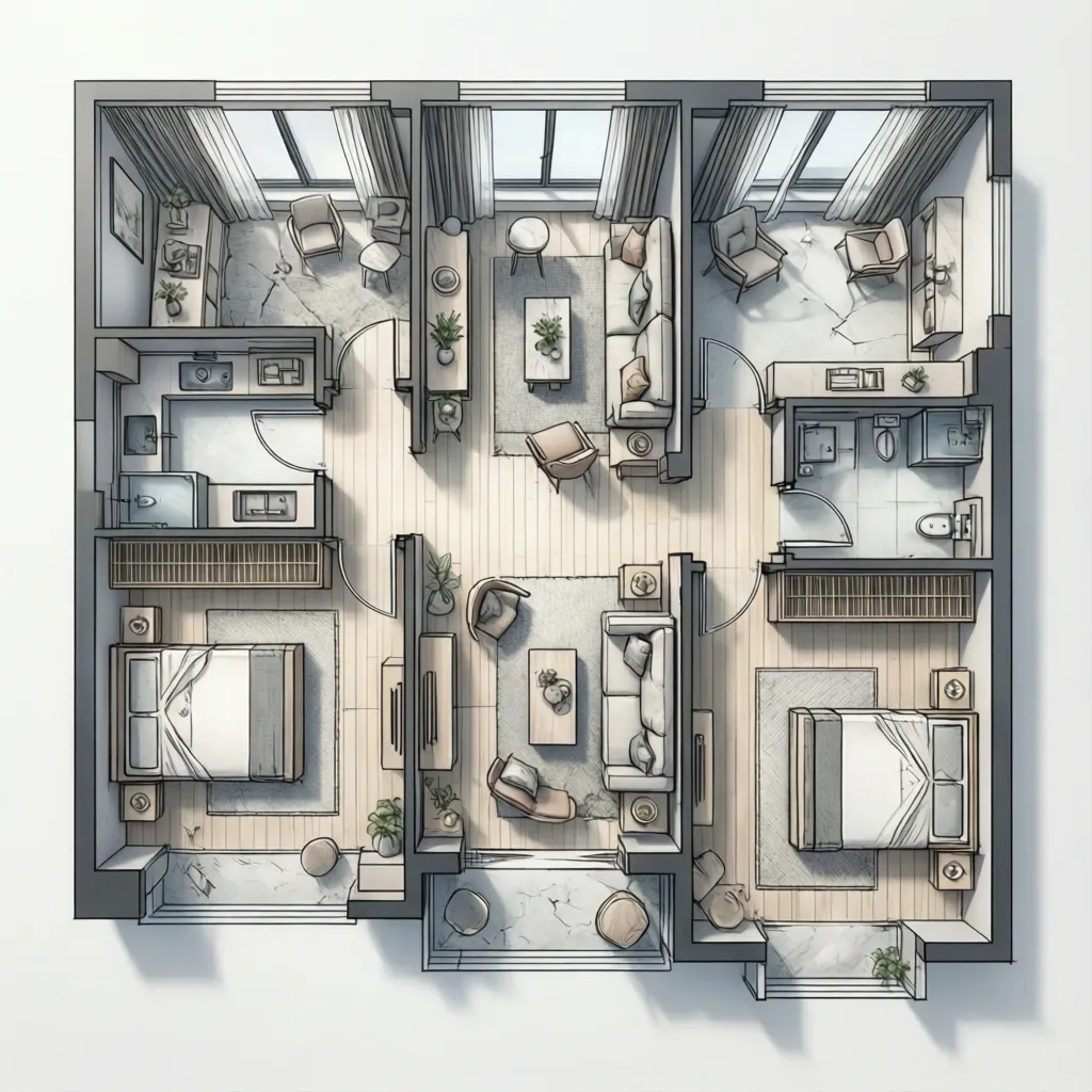 Typical GH7 A apartment floor plan layout showing living room bedrooms and kitchen