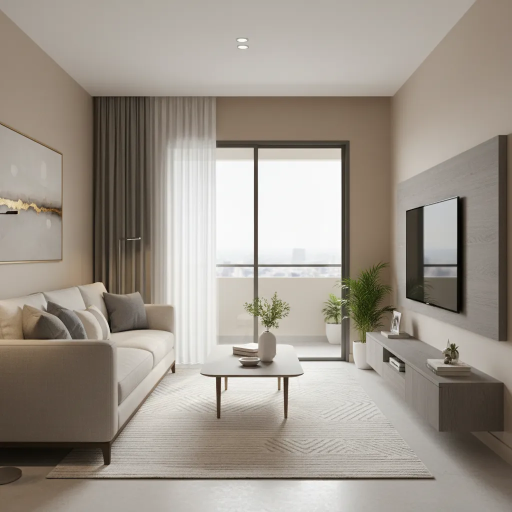 Modern living room setup inside a GH7 A style apartment layout