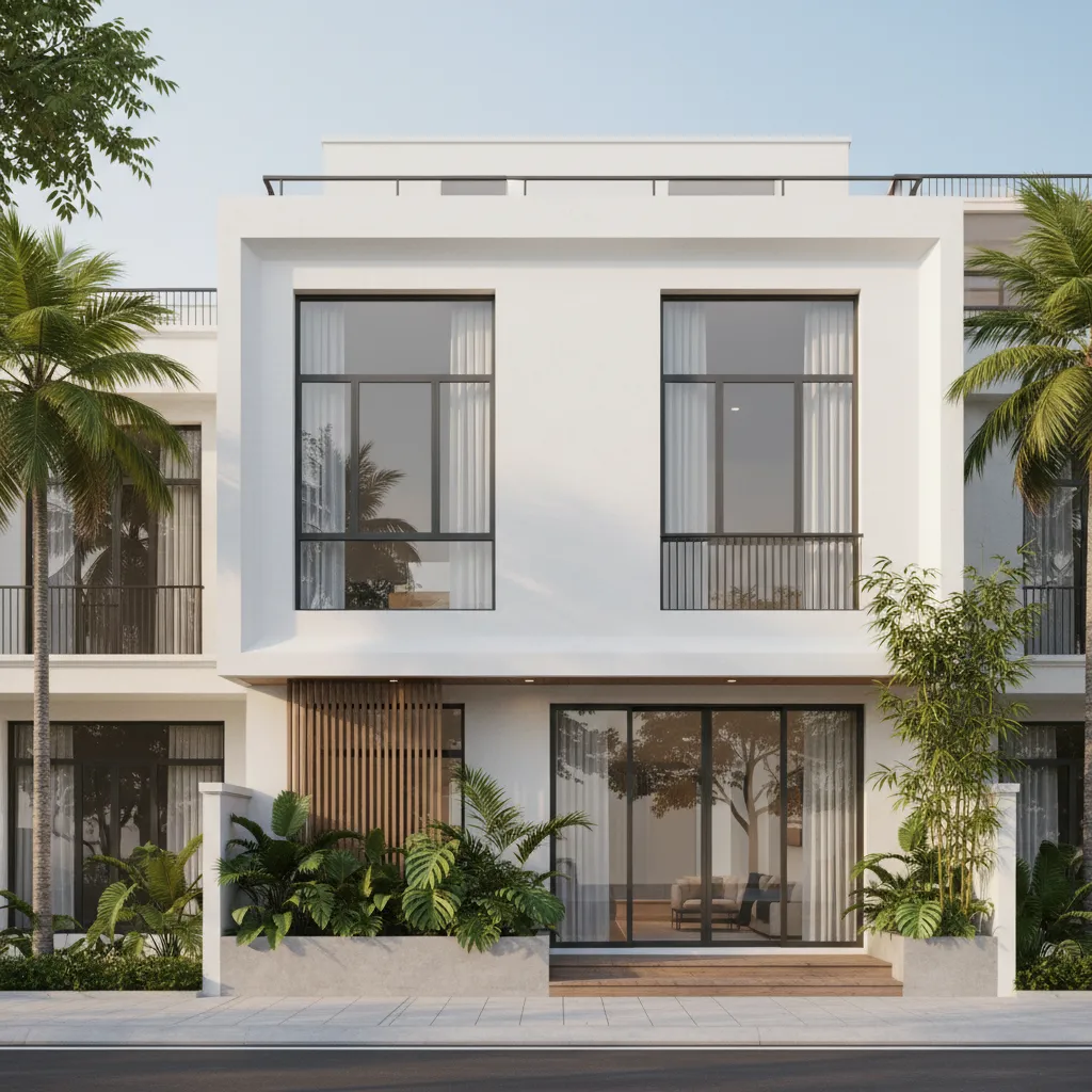 Modern two story white house with large glass windows tropical palm trees and green plants