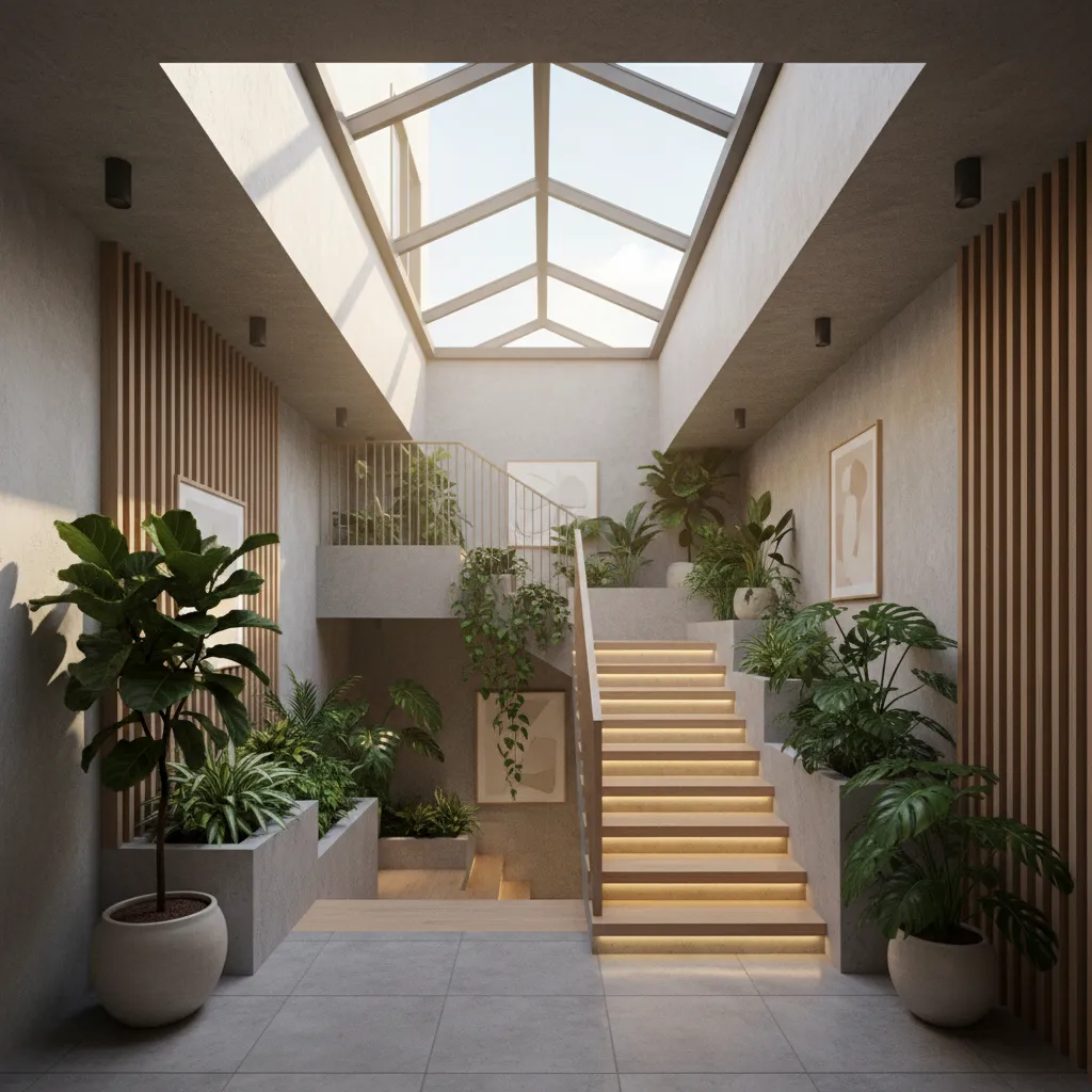 Indoor wooden stairs surrounded by green plants under a large glass skylight in modern house