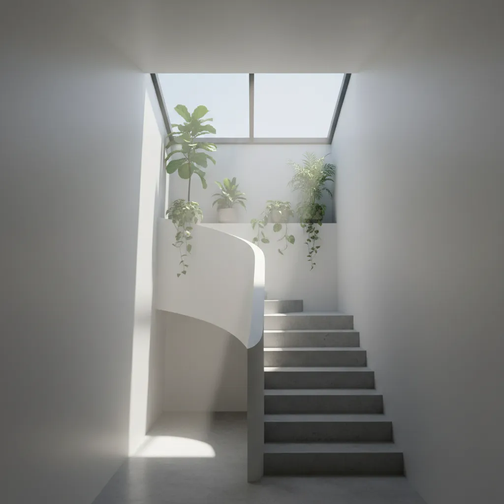 White indoor staircase with green plants on a ledge shown by bright natural roof window light