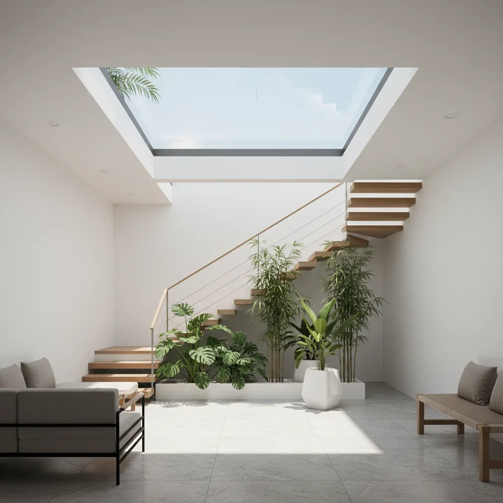 Giếng trời trong nhà phố 5x20 với cây xanh và ánh sáng tự nhiên
