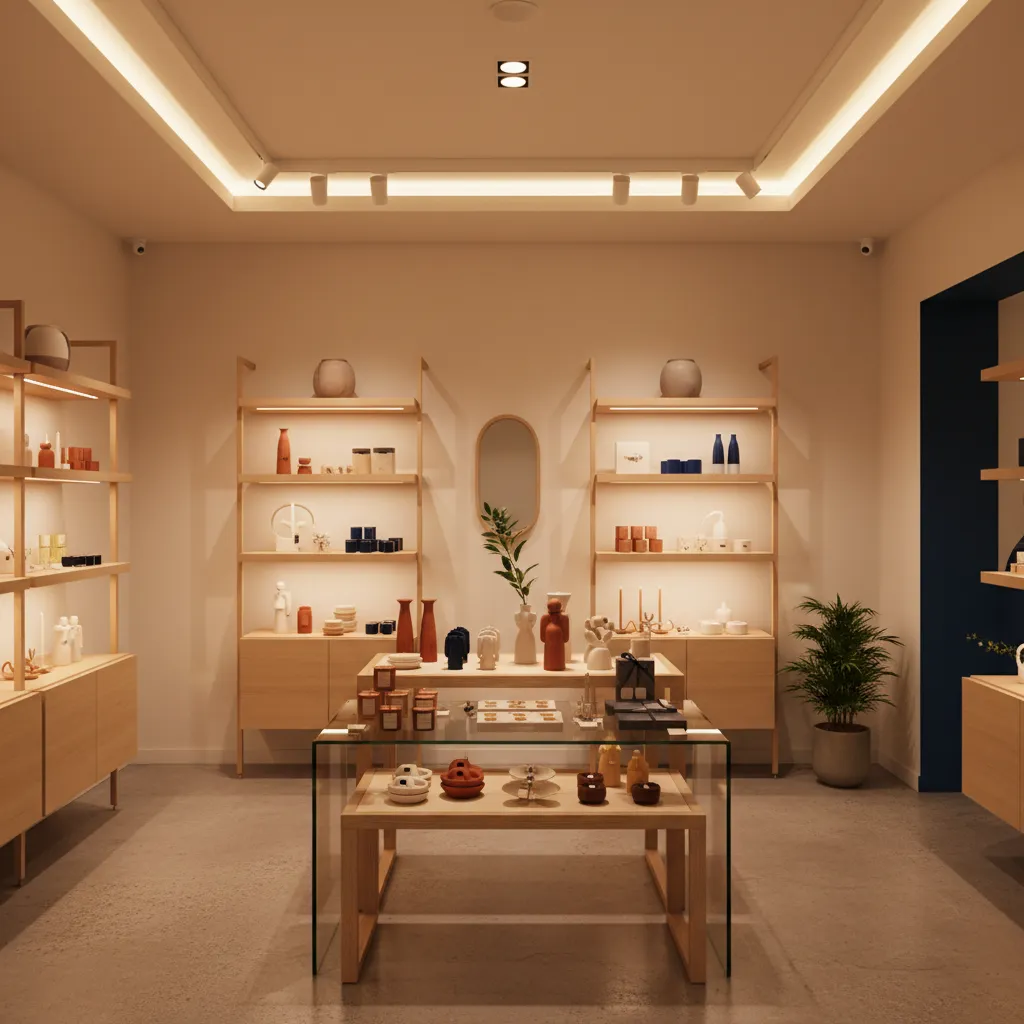Iluminación cálida destacando productos en una tienda de regalos