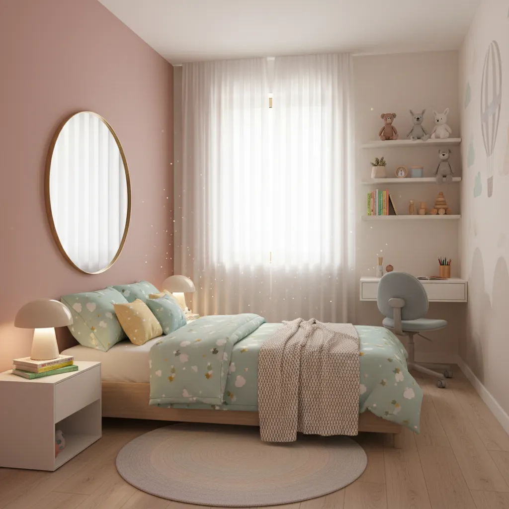 Small girls bedroom with mirror reflecting natural light