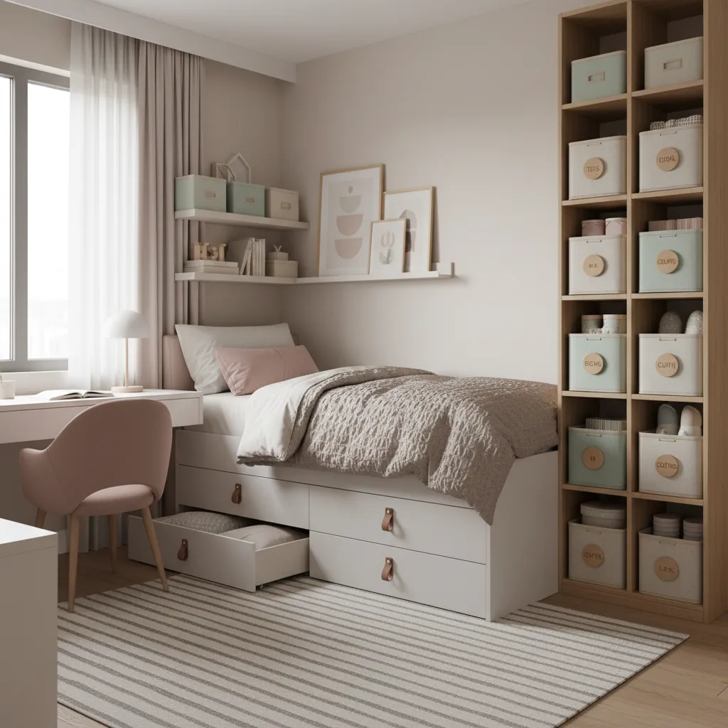 Girls bedroom featuring under bed drawers vertical shelving and organized storage bins