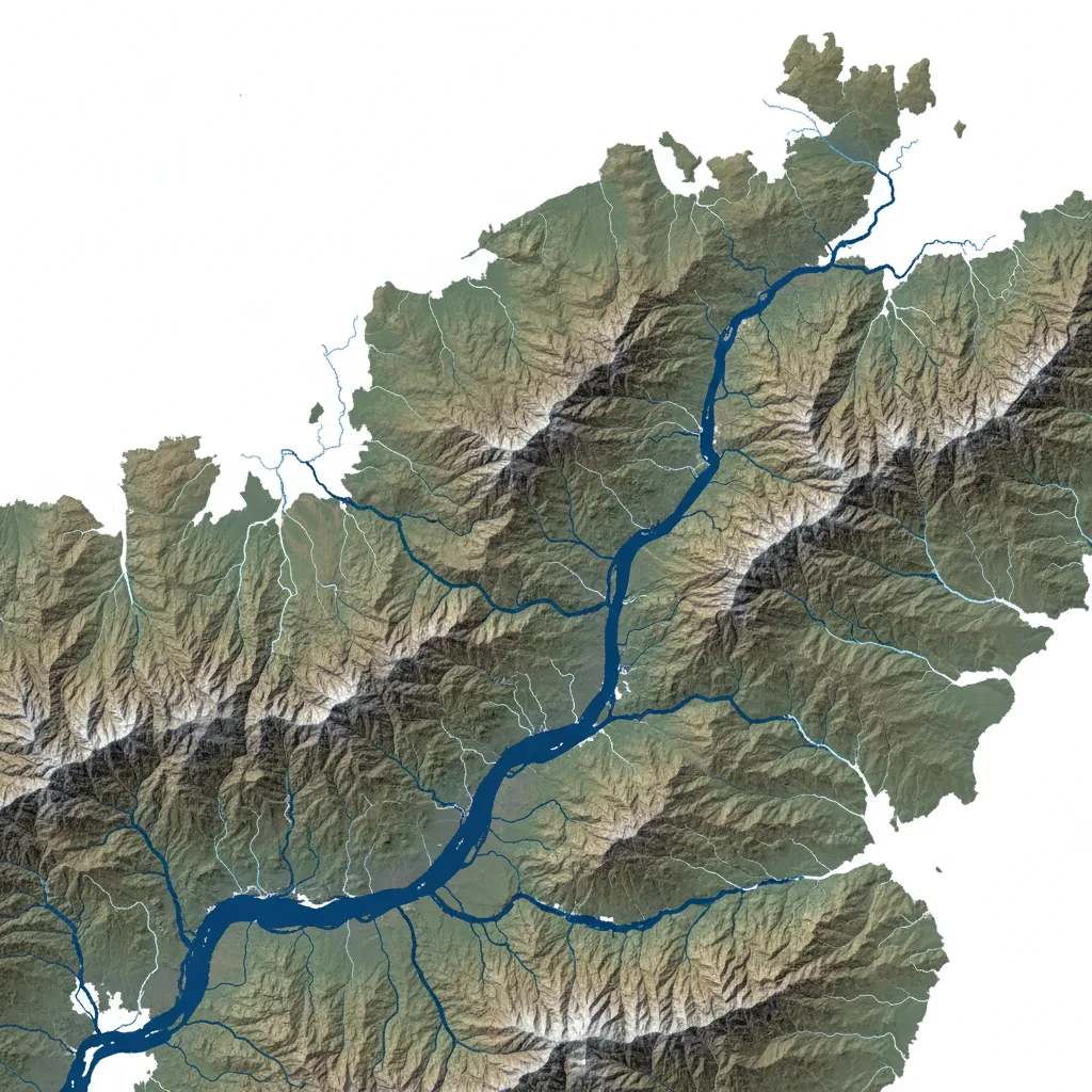 GIS generated terrain map with river network lines and elevation shading