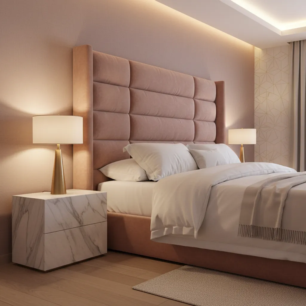 velvet headboard marble nightstand and gold lighting in glam bedroom