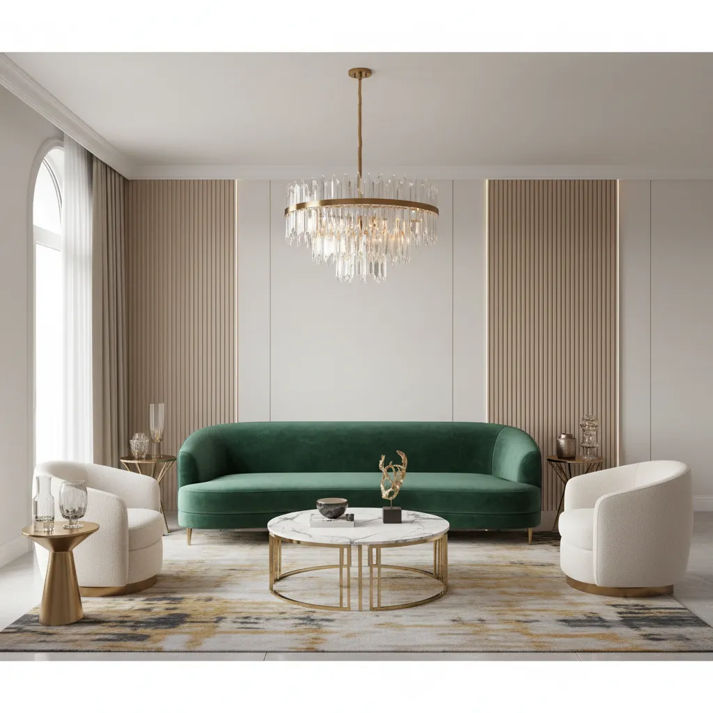 Curved sofa with geometric marble table in glam interior design