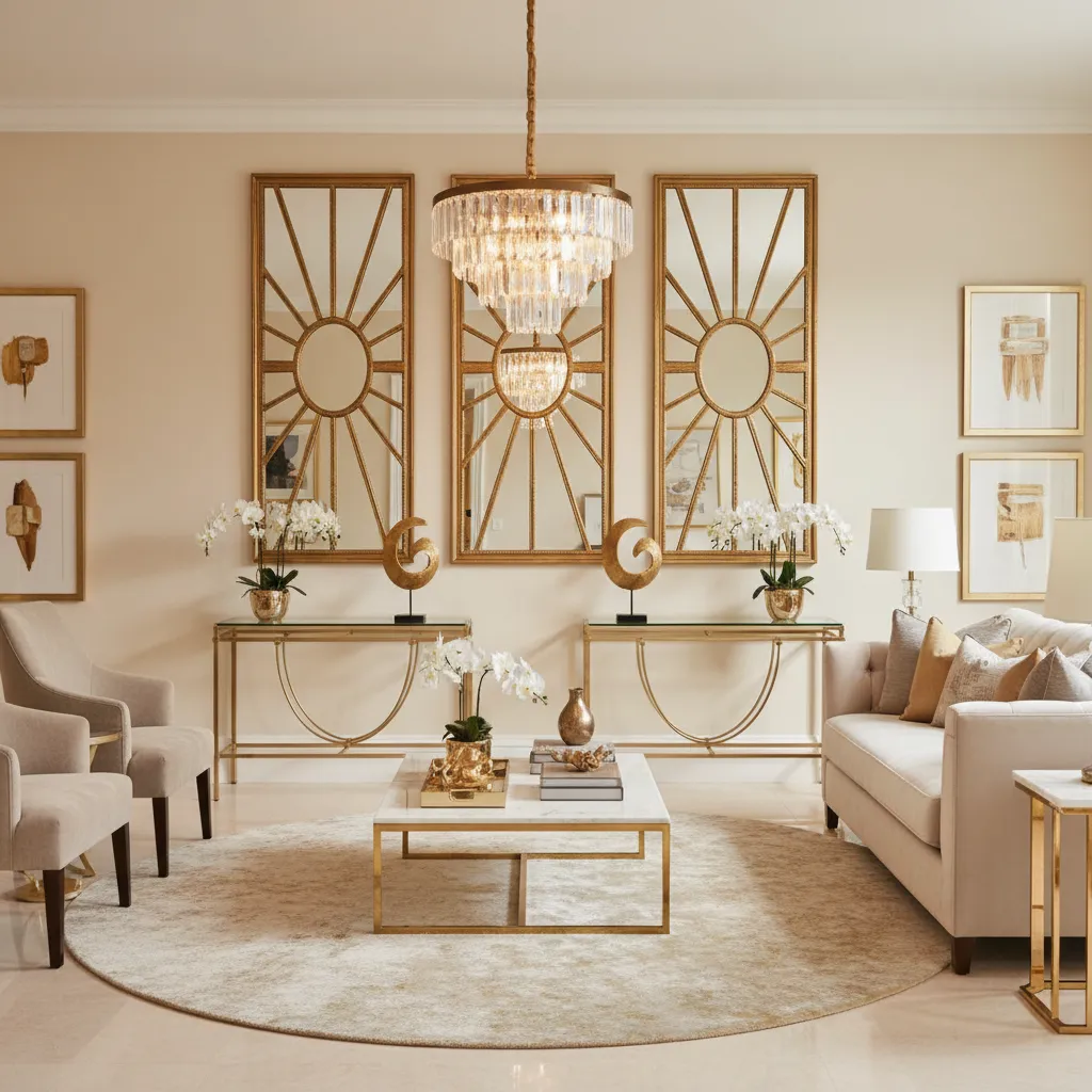 Interior glam con espejos decorativos y lámpara elegante