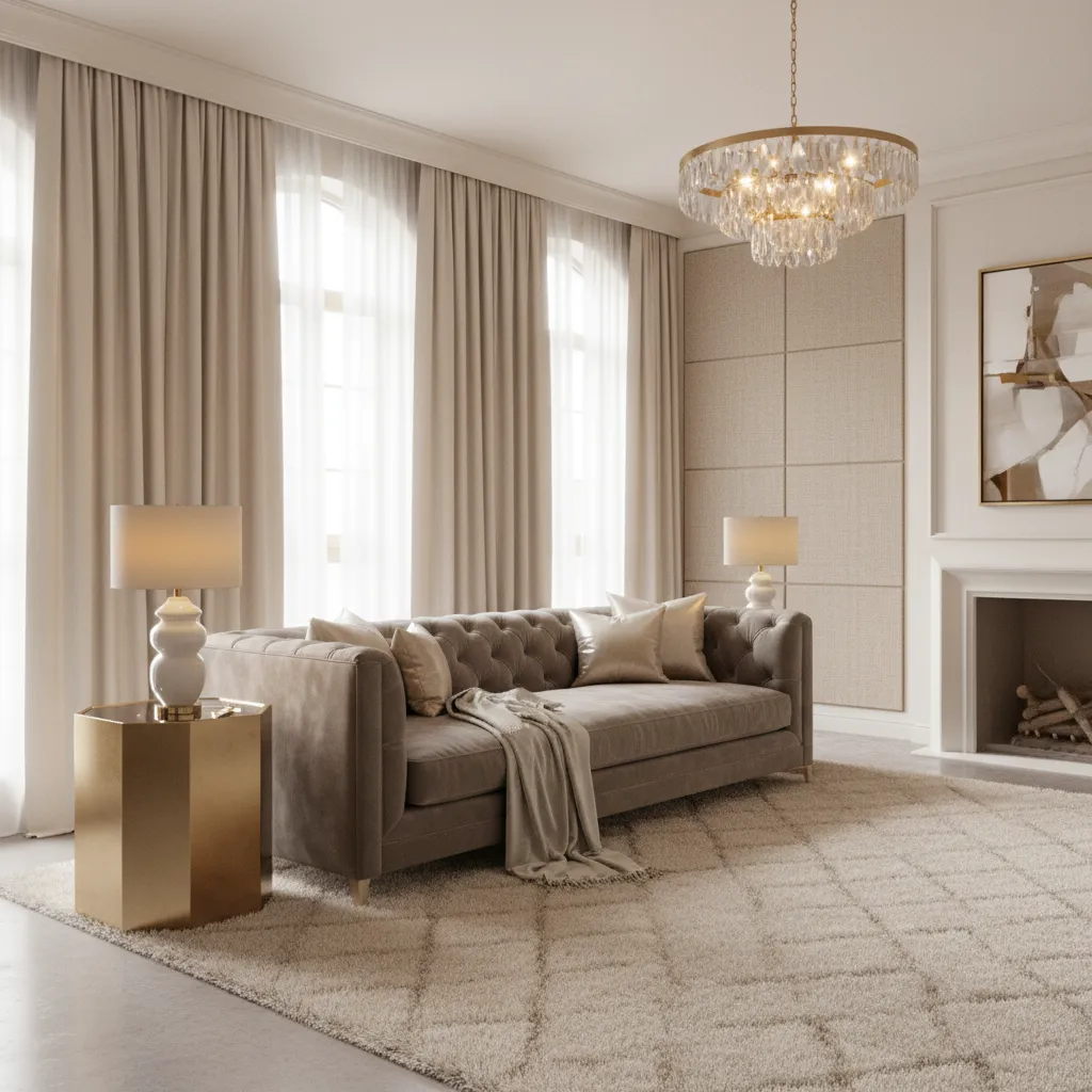 Layered glam living room with velvet sofa plush rug and metallic accents