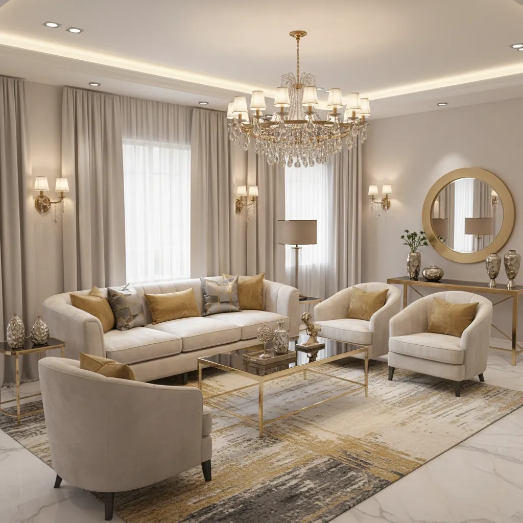 glam living room with layered warm lighting chandelier floor lamp and wall sconces