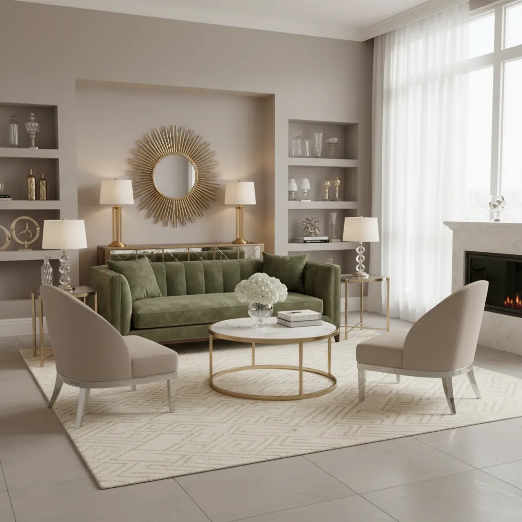 Balanced glam living room layout with velvet seating and metallic accents