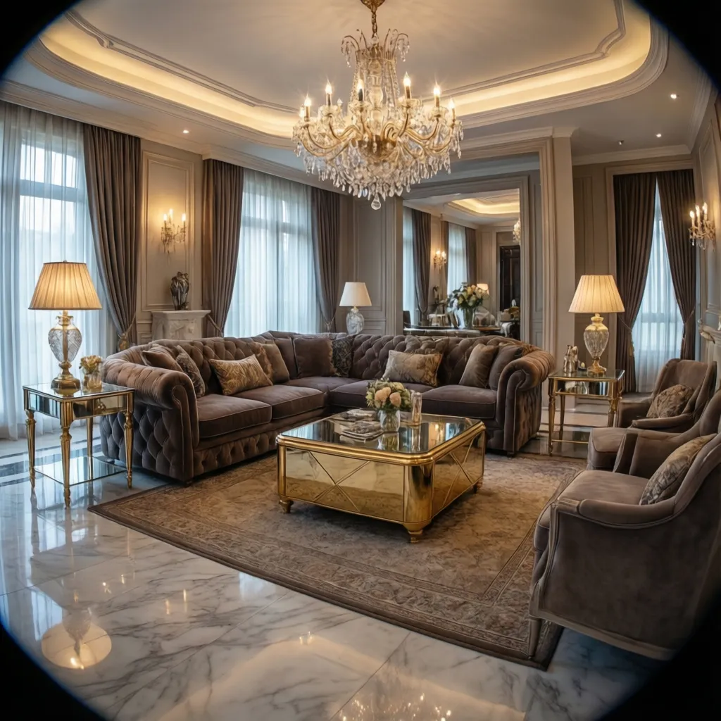 Luxury glam living room with velvet sofa gold accents and chandelier