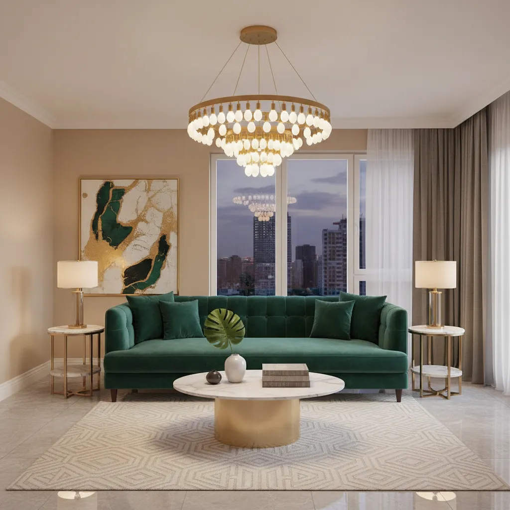 Salón glam con sofá de terciopelo verde y mesa de centro dorada