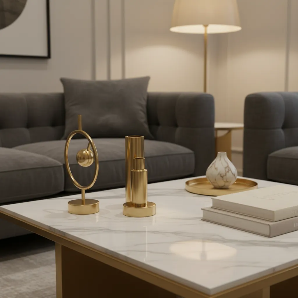 Close view of marble table brass decor and velvet textures in glam interior