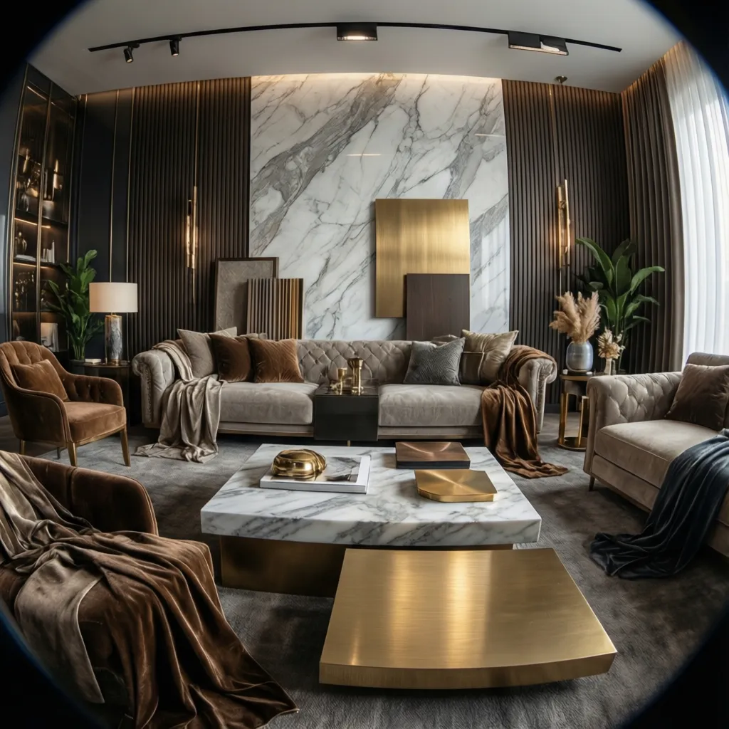 Detalle de materiales glam como terciopelo, mármol y latón