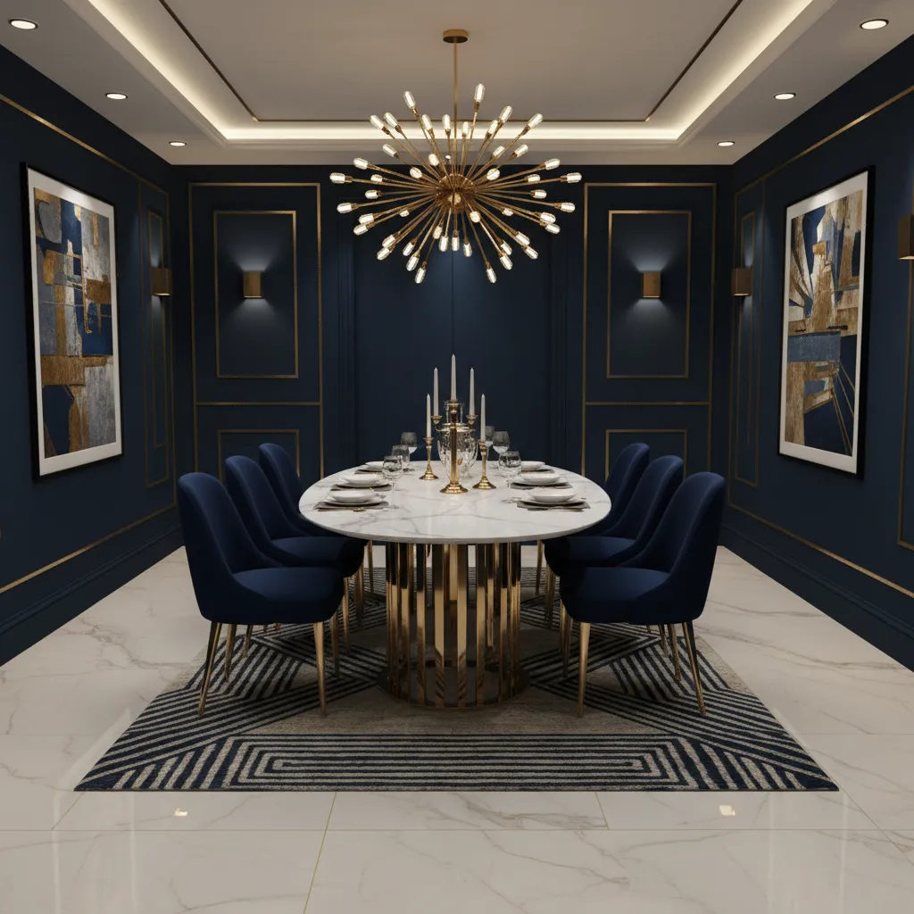 Glam navy and gold dining room with velvet chairs and marble table