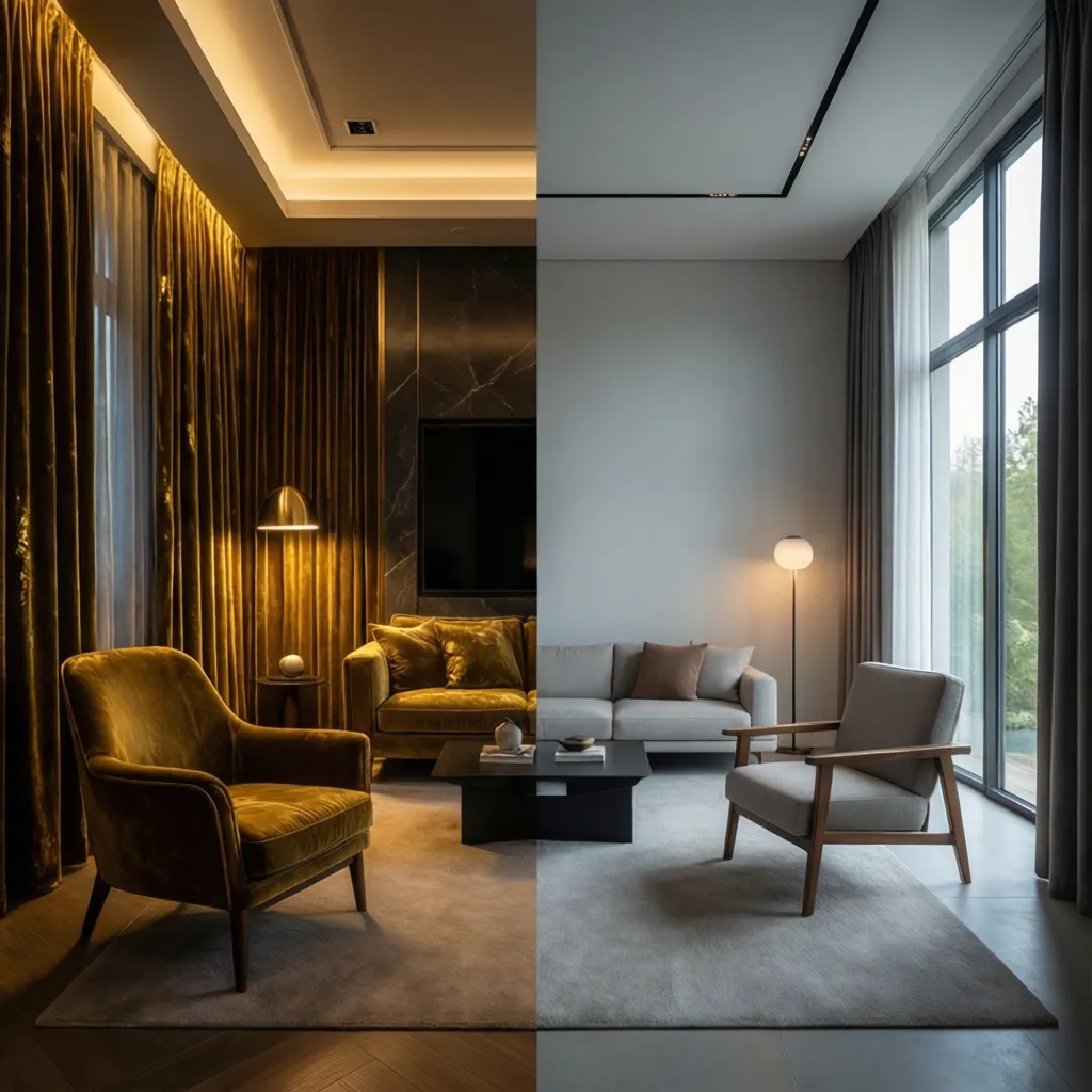 Interior design comparison showing dramatic glam atmosphere versus calm minimalist room