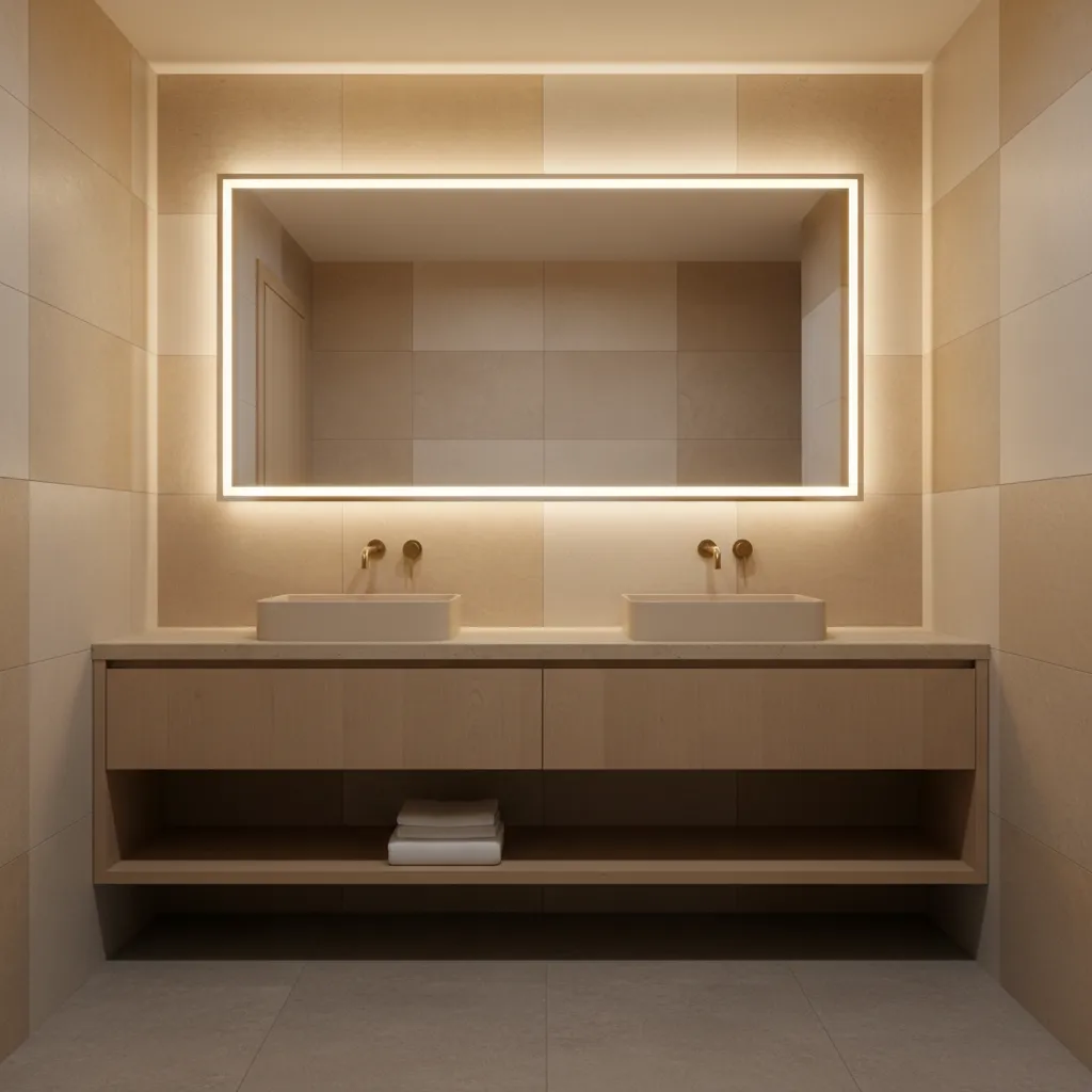 bathroom vanity lighting with diffused bulbs preventing glare around mirror