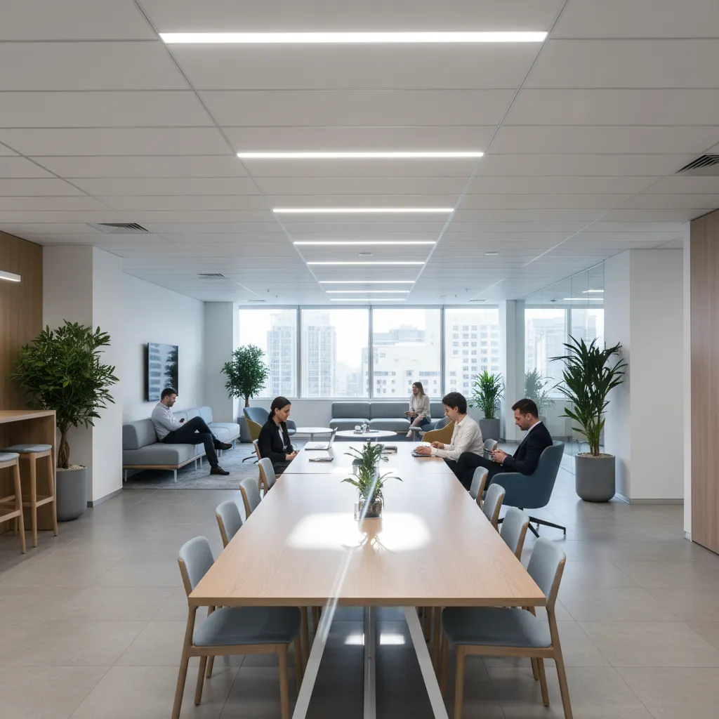 LED ceiling panels causing glare above break room dining tables