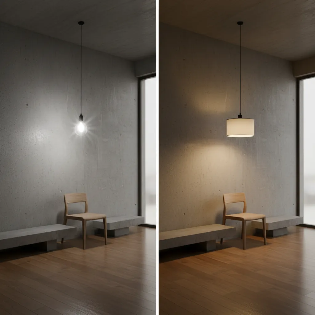 side by side lighting comparison showing glare reduction with clip-on shade