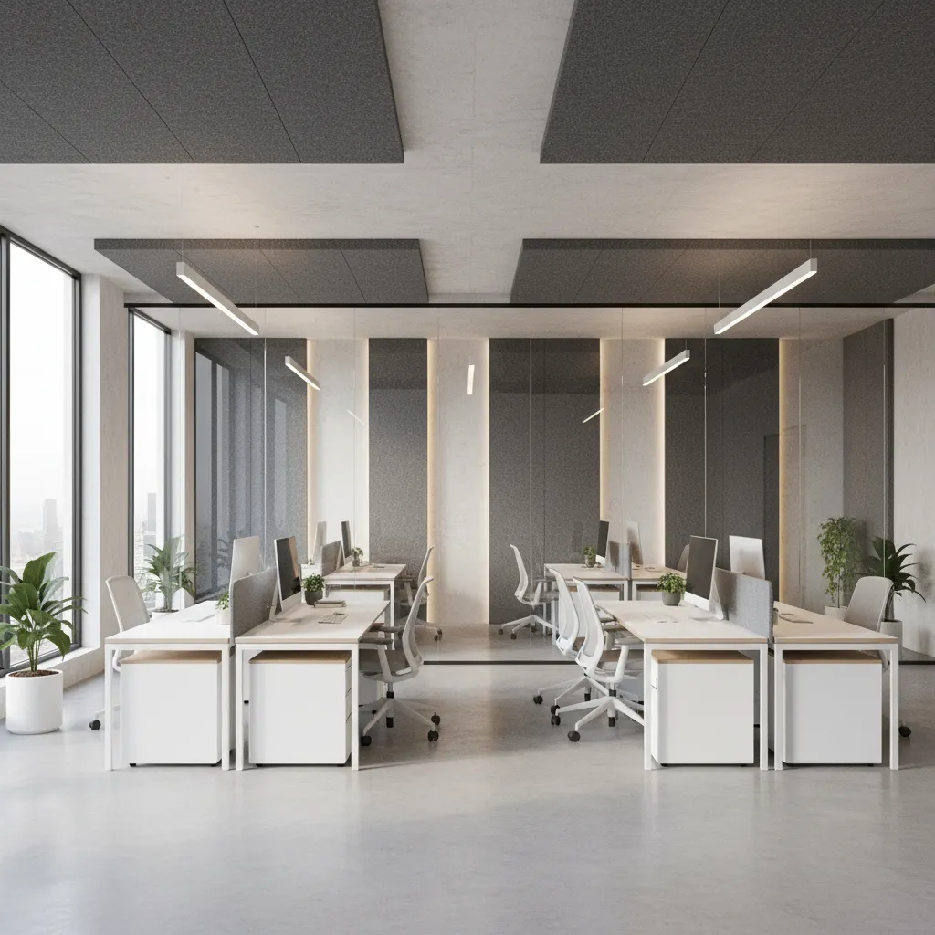 office interior with glass partitions and acoustic panels separating workspaces