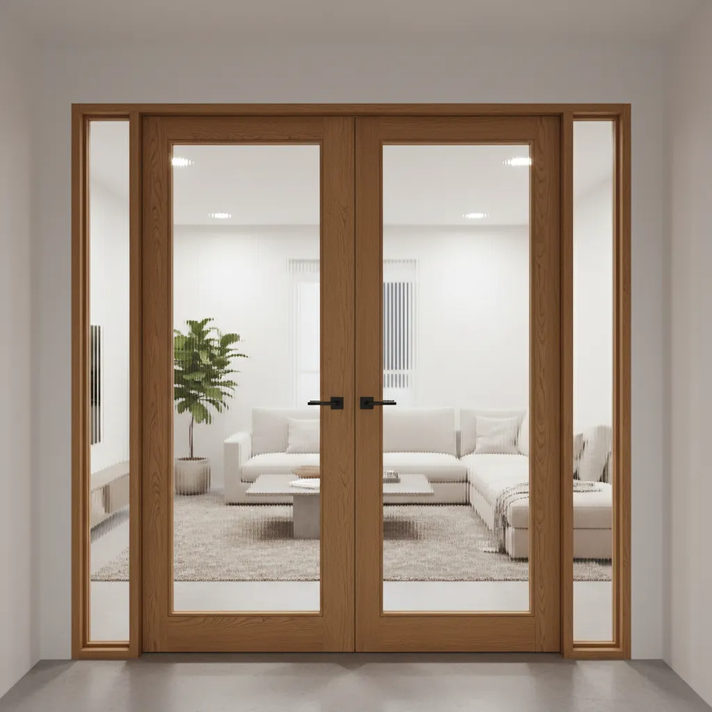 Mixed wood and glass double door design in modern small home