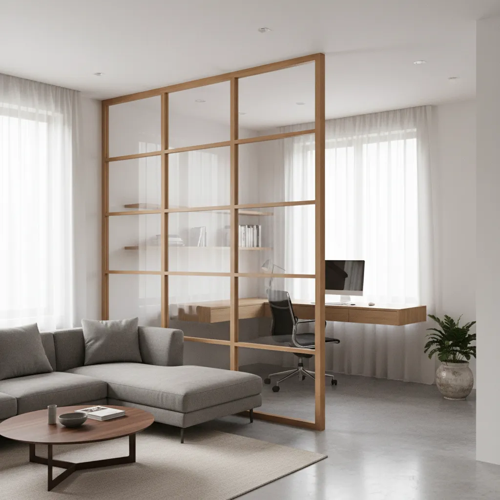 Glass and wood frame partition separating living room and workspace